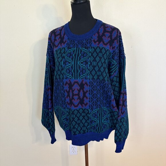 Vintage 1990s Womens Pullover Sweater Geometric Pattern Knit Purple Green XL - Picture 5 of 8
